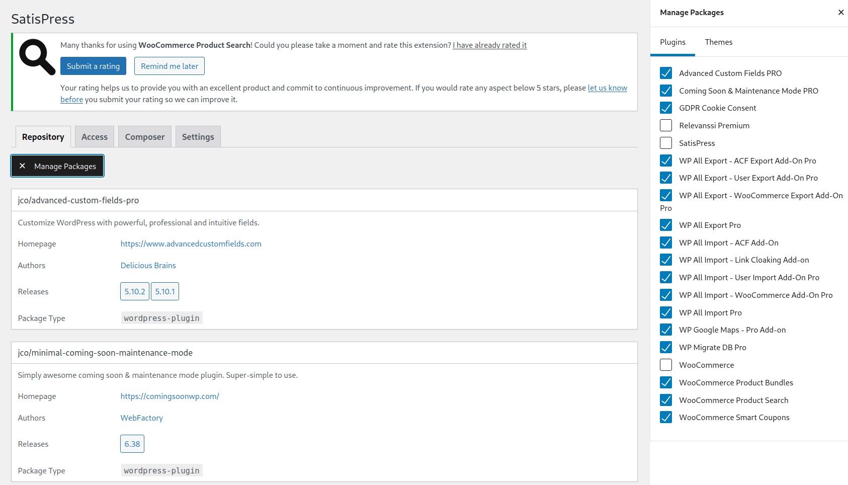 Satispress in WP backend.